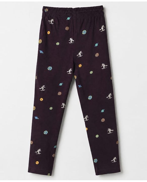 Pine Kids Cotton Knit Half Sleeves Co-Ords T-Shirt & Pyjama Night Suit with Space Theme Print - Plum