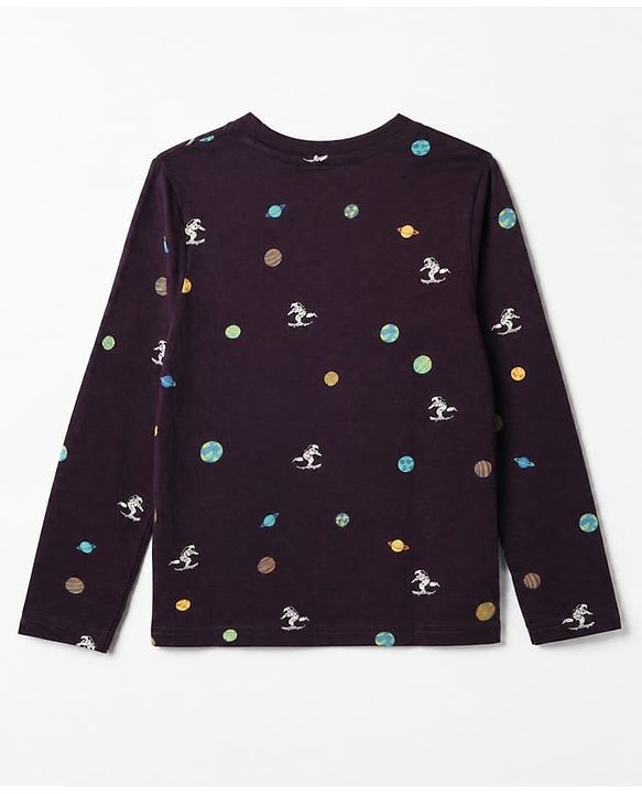 Pine Kids Cotton Knit Half Sleeves Co-Ords T-Shirt & Pyjama Night Suit with Space Theme Print - Plum