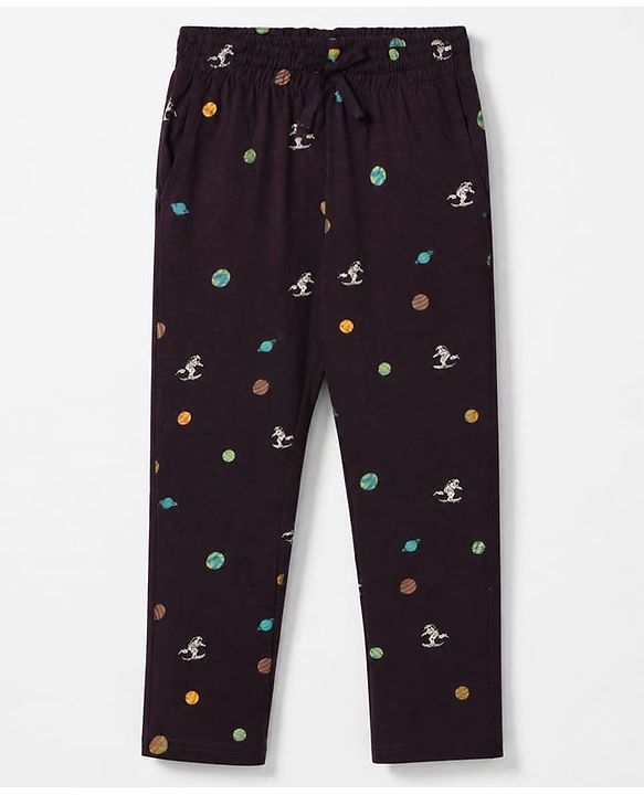 Pine Kids Cotton Knit Half Sleeves Co-Ords T-Shirt & Pyjama Night Suit with Space Theme Print - Plum
