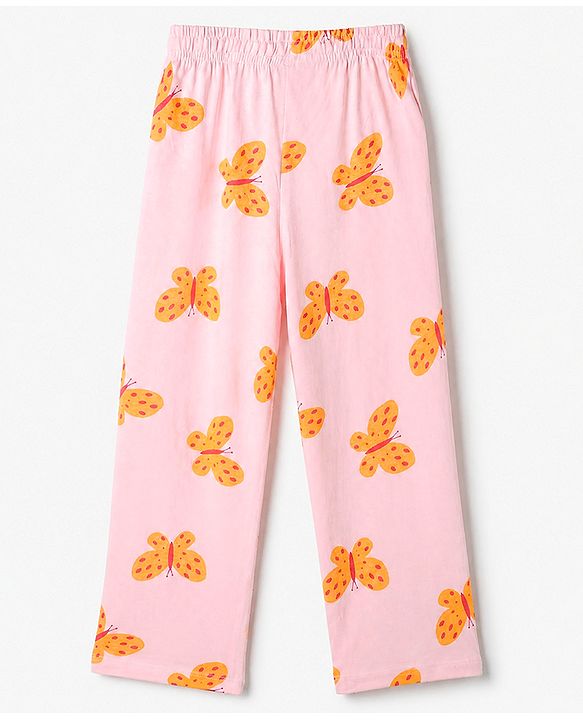 Pine Kids 100% Cotton Knit Full Sleeves Shirt & Pyjama Co-Ords Set With Butterfly Print - Red
