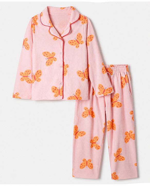 Pine Kids 100% Cotton Knit Full Sleeves Shirt & Pyjama Co-Ords Set With Butterfly Print - Red