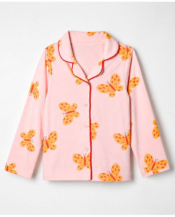 Pine Kids 100% Cotton Knit Full Sleeves Shirt & Pyjama Co-Ords Set With Butterfly Print - Red