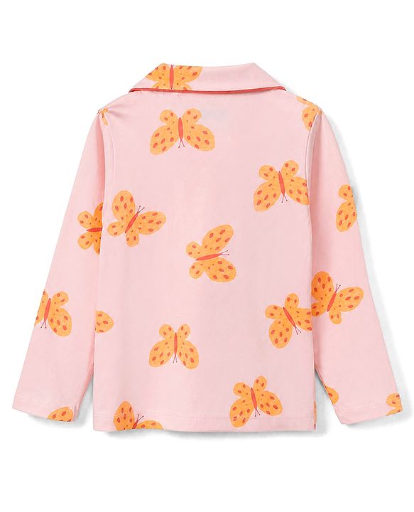 Pine Kids 100% Cotton Knit Full Sleeves Shirt & Pyjama Co-Ords Set With Butterfly Print - Red