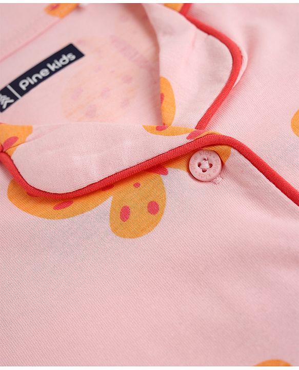 Pine Kids 100% Cotton Knit Full Sleeves Shirt & Pyjama Co-Ords Set With Butterfly Print - Red