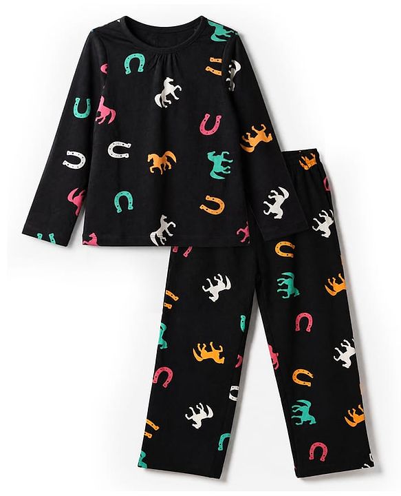 Pine Kids 100% Cotton Bio Washed Single Jersery 180 GSM Knit Full Sleeves Co-ord T-Shirt & Pajama Night Suit with Horseshoe & Horse Print - Black