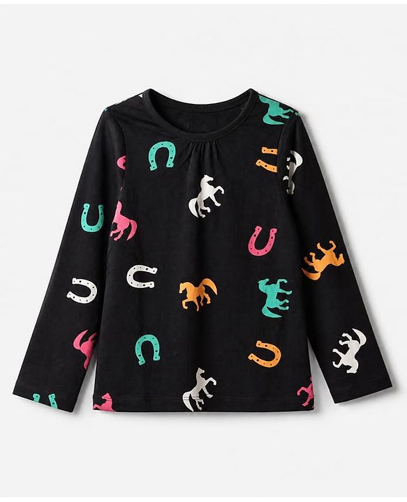 Pine Kids 100% Cotton Bio Washed Single Jersery 180 GSM Knit Full Sleeves Co-ord T-Shirt & Pajama Night Suit with Horseshoe & Horse Print - Black