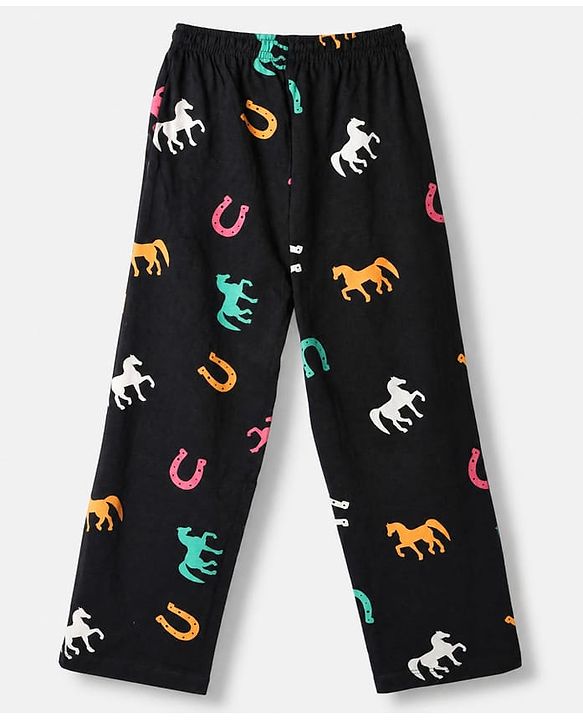 Pine Kids 100% Cotton Bio Washed Single Jersery 180 GSM Knit Full Sleeves Co-ord T-Shirt & Pajama Night Suit with Horseshoe & Horse Print - Black