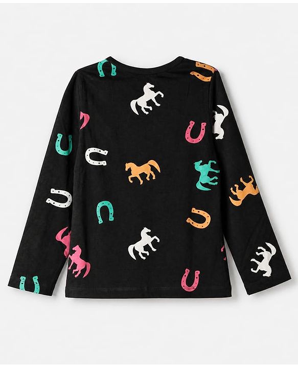 Pine Kids 100% Cotton Bio Washed Single Jersery 180 GSM Knit Full Sleeves Co-ord T-Shirt & Pajama Night Suit with Horseshoe & Horse Print - Black
