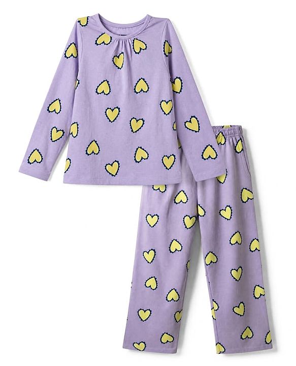 Pine Kids 100% Cotton Bio Washed Single Jersery 180 Gsm Knit Co-ord Top & Pajama Night Suit with Hearts Print - Lilac