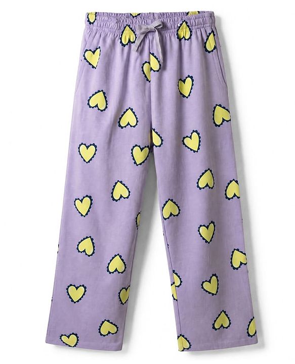 Pine Kids 100% Cotton Bio Washed Single Jersery 180 Gsm Knit Co-ord Top & Pajama Night Suit with Hearts Print - Lilac