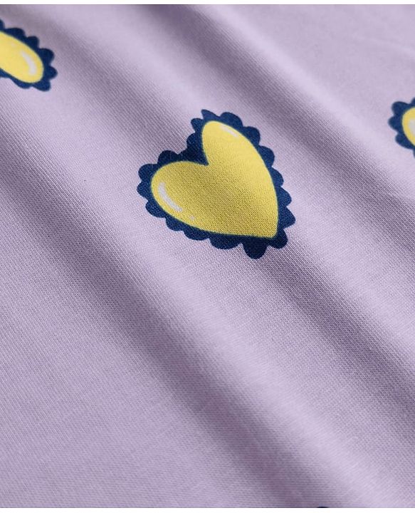 Pine Kids 100% Cotton Bio Washed Single Jersery 180 Gsm Knit Co-ord Top & Pajama Night Suit with Hearts Print - Lilac