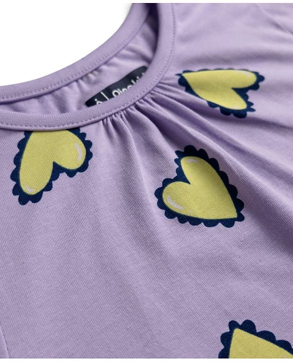 Pine Kids 100% Cotton Bio Washed Single Jersery 180 Gsm Knit Co-ord Top & Pajama Night Suit with Hearts Print - Lilac