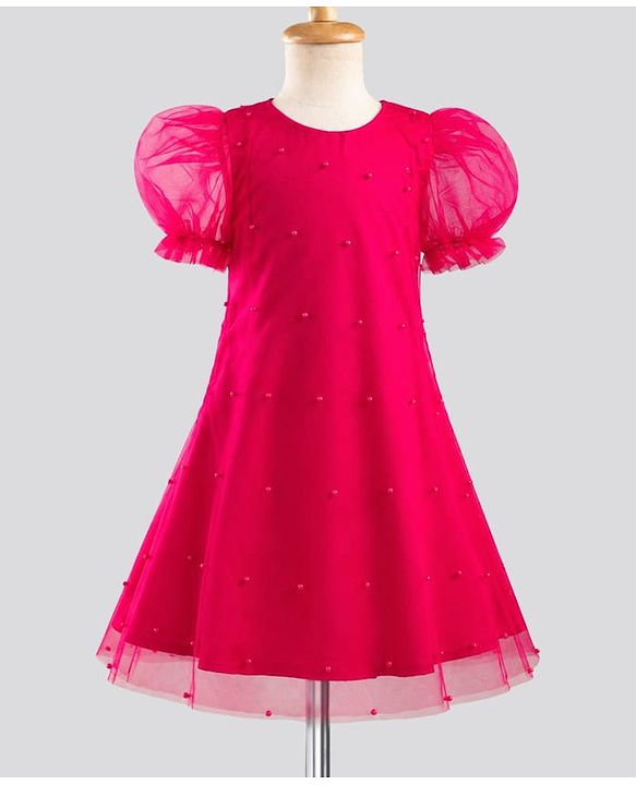Pine Kids Mesh Woven Half Puffed Sleeves Party Dress With Pearl Embellishment - Dark Pink