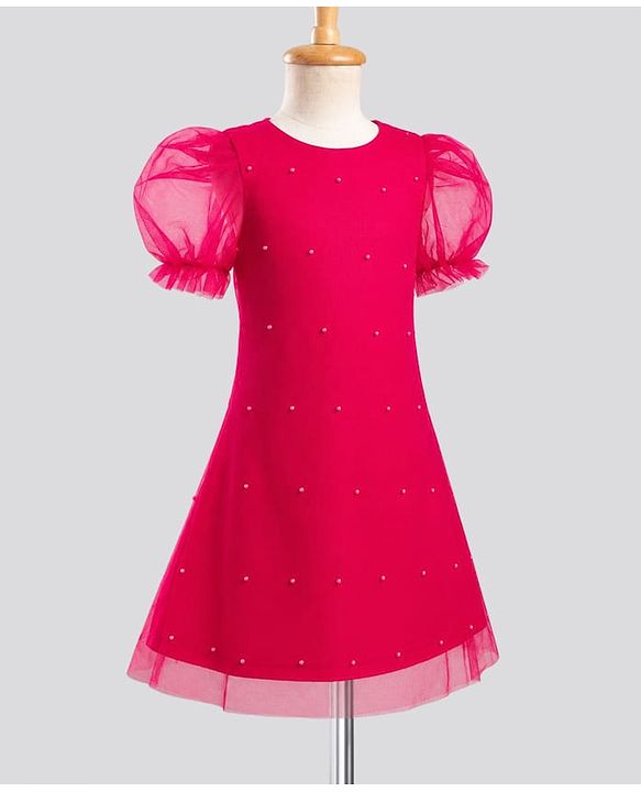 Pine Kids Mesh Woven Half Puffed Sleeves Party Dress With Pearl Embellishment - Dark Pink
