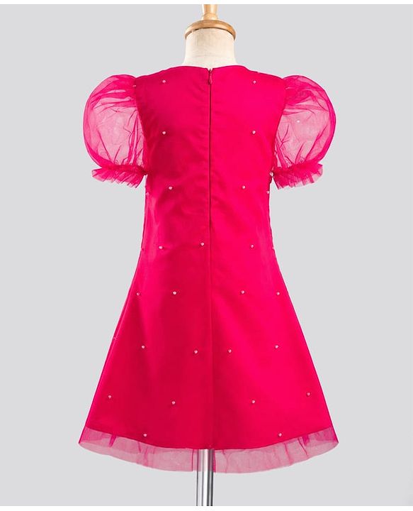 Pine Kids Mesh Woven Half Puffed Sleeves Party Dress With Pearl Embellishment - Dark Pink