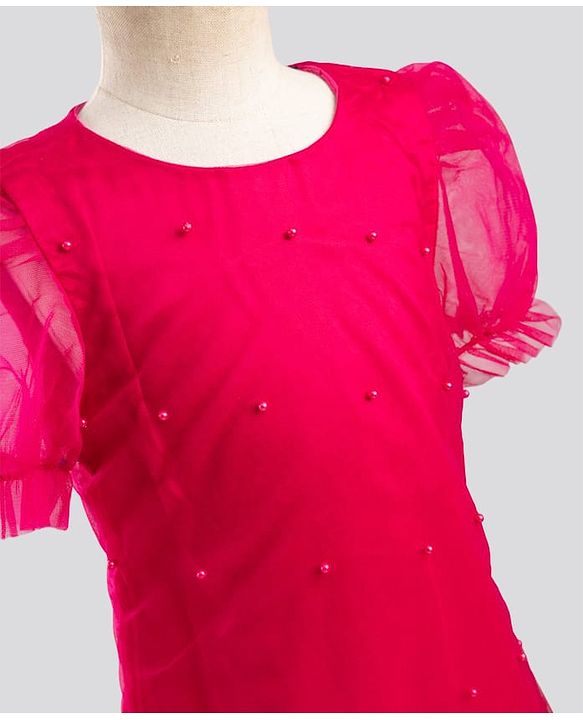 Pine Kids Mesh Woven Half Puffed Sleeves Party Dress With Pearl Embellishment - Dark Pink