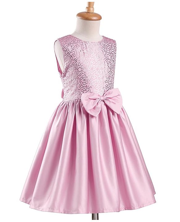 Pine Kids Satin Woven Sleeveless Party Dress With Sequin Detailing & Bow Applique - Pink