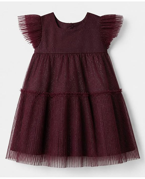 Pine Kids Mesh Woven Sleeveless Embellished Layered Party Dress - Wine