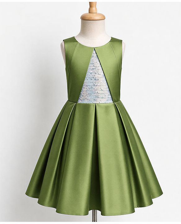 Pine Kids Satin Woven Sleeveless Party Dress With Sequin - Olive Green