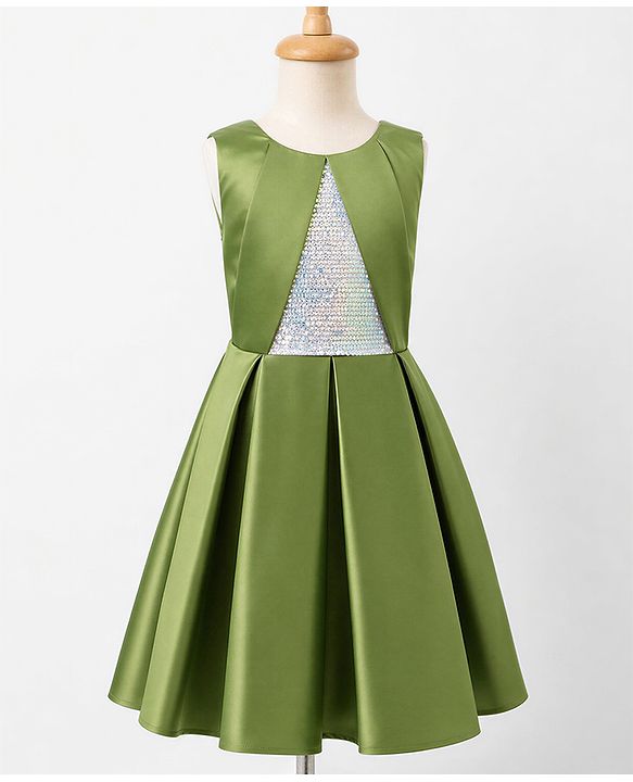 Pine Kids Satin Woven Sleeveless Party Dress With Sequin - Olive Green