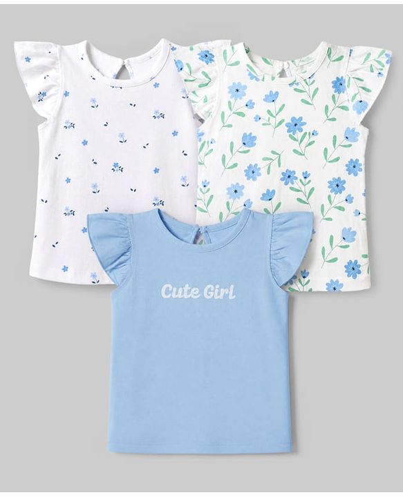 Babyhug 100% Cotton Knit T-Shirt with Half Frill Sleeves and Floral Graphic Print in Blue & White Pack of 3