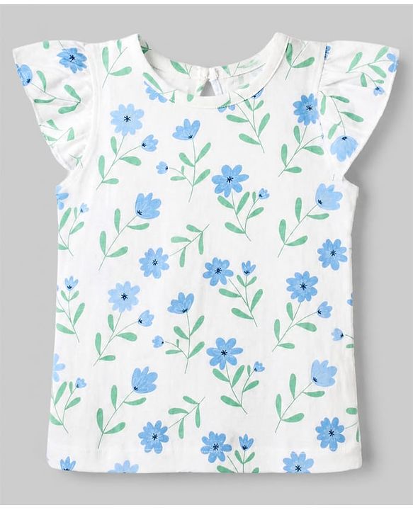 Babyhug 100% Cotton Knit T-Shirt with Half Frill Sleeves and Floral Graphic Print in Blue & White Pack of 3