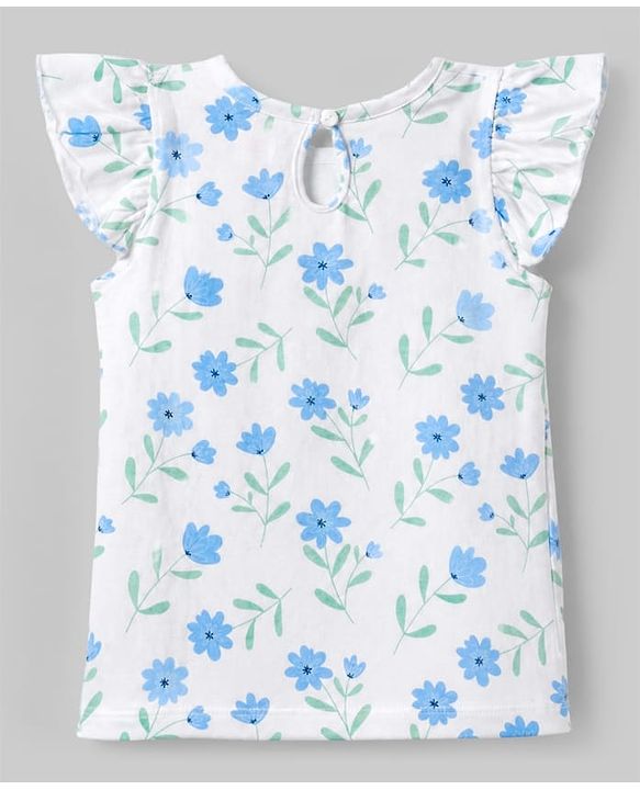 Babyhug 100% Cotton Knit T-Shirt with Half Frill Sleeves and Floral Graphic Print in Blue & White Pack of 3
