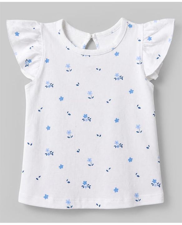 Babyhug 100% Cotton Knit T-Shirt with Half Frill Sleeves and Floral Graphic Print in Blue & White Pack of 3