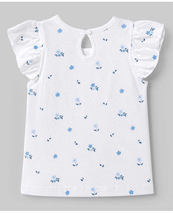 Babyhug 100% Cotton Knit T-Shirt with Half Frill Sleeves and Floral Graphic Print in Blue & White Pack of 3