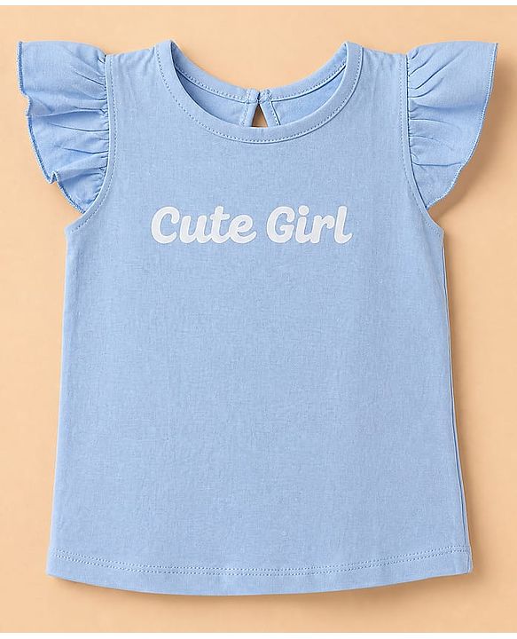 Babyhug 100% Cotton Knit T-Shirt with Half Frill Sleeves and Floral Graphic Print in Blue & White Pack of 3
