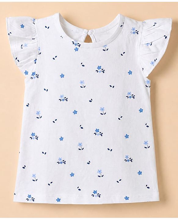 Babyhug 100% Cotton Knit T-Shirt with Half Frill Sleeves and Floral Graphic Print in Blue & White Pack of 3
