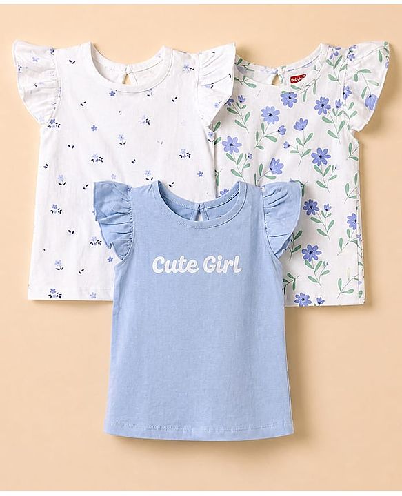 Babyhug 100% Cotton Knit T-Shirt with Half Frill Sleeves and Floral Graphic Print in Blue & White Pack of 3