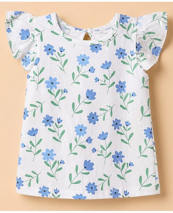 Babyhug 100% Cotton Knit T-Shirt with Half Frill Sleeves and Floral Graphic Print in Blue & White Pack of 3