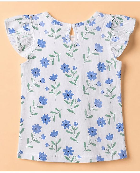 Babyhug 100% Cotton Knit T-Shirt with Half Frill Sleeves and Floral Graphic Print in Blue & White Pack of 3