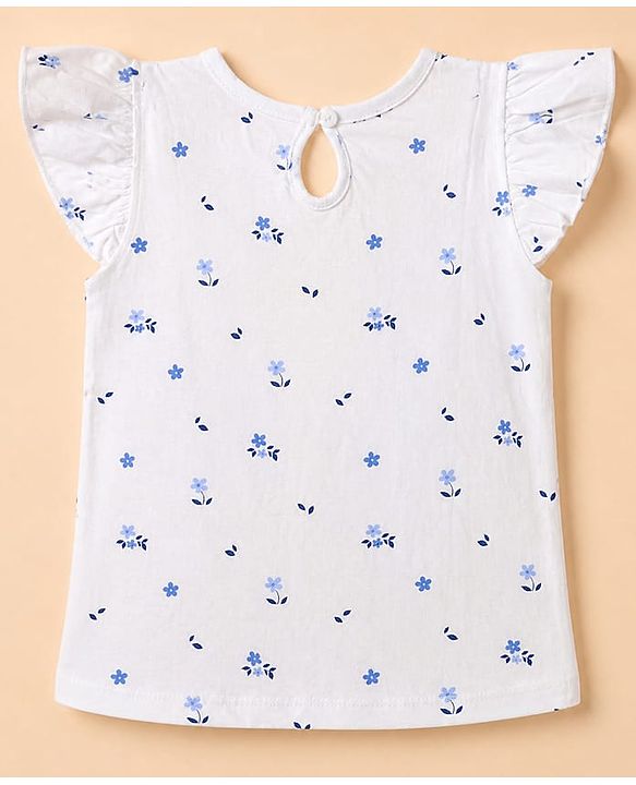 Babyhug 100% Cotton Knit T-Shirt with Half Frill Sleeves and Floral Graphic Print in Blue & White Pack of 3