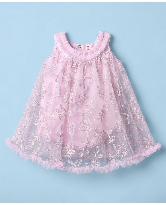 Babyhug Girls Solid Mesh Woven Sleeveless Party Onesie With Embroidery - Light Pink