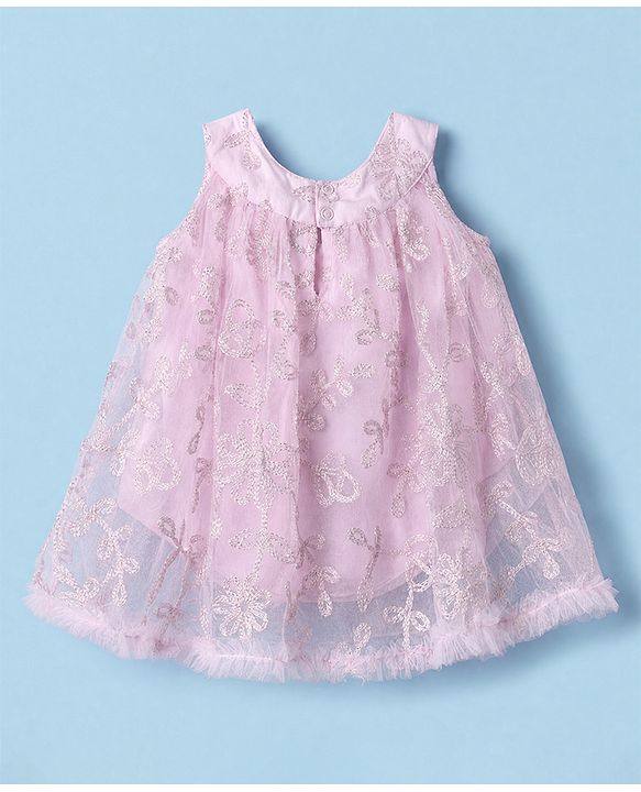 Babyhug Girls Solid Mesh Woven Sleeveless Party Onesie With Embroidery - Light Pink