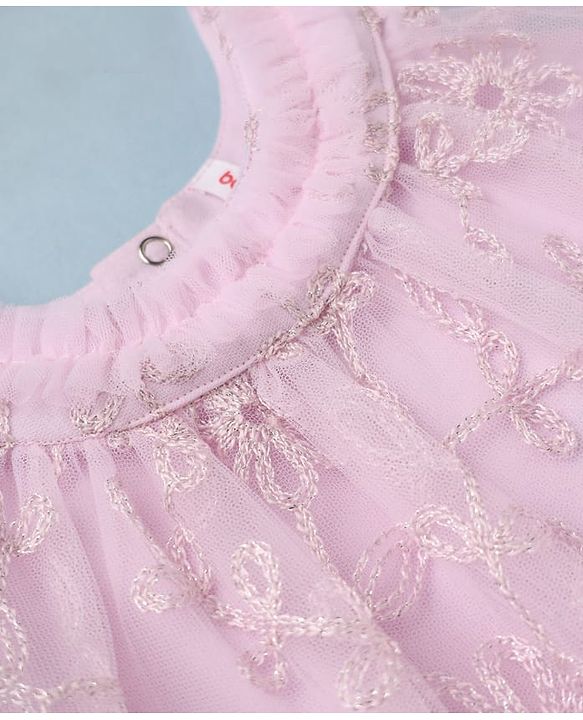 Babyhug Girls Solid Mesh Woven Sleeveless Party Onesie With Embroidery - Light Pink