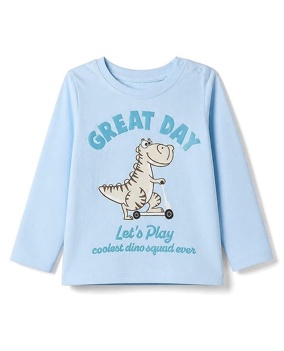 Babyhug 100% Cotton Knit Full Sleeves T-Shirt with Dinosaur Print - Light Blue