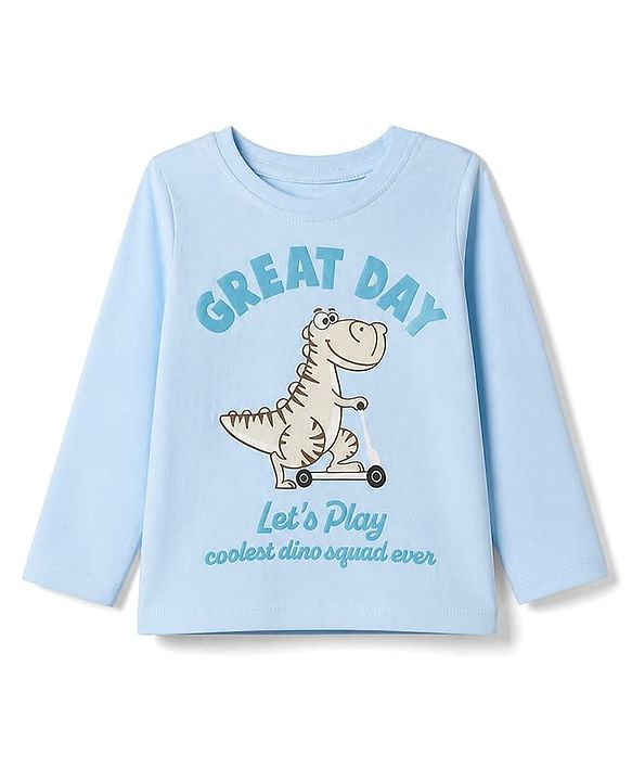 Babyhug 100% Cotton Knit Full Sleeves T-Shirt with Dinosaur Print - Light Blue