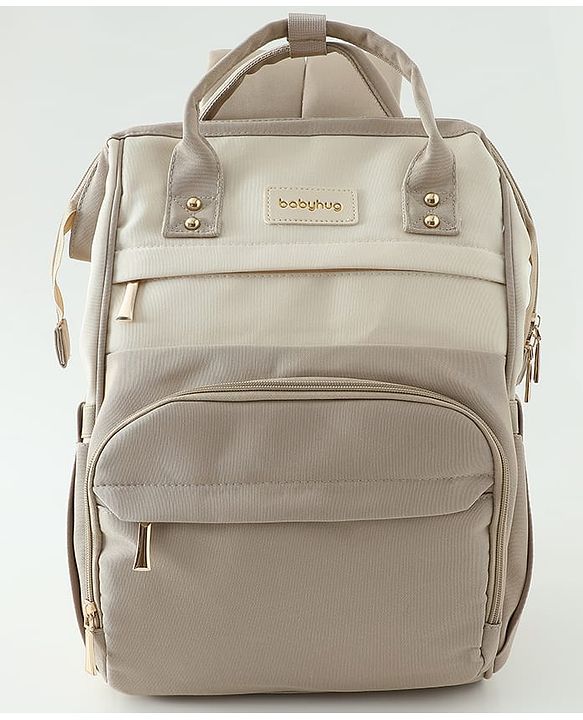 Babyhug Diaper Backpack | 3 Front Zipper Pockets| Spacious Main Compartment| Bottle Pocket| Wipes Dispenser| Stroller Hanging Straps| Back Zipper| Dual Top Handles| 26 x 18 x 39 cm| Unisex - Beige