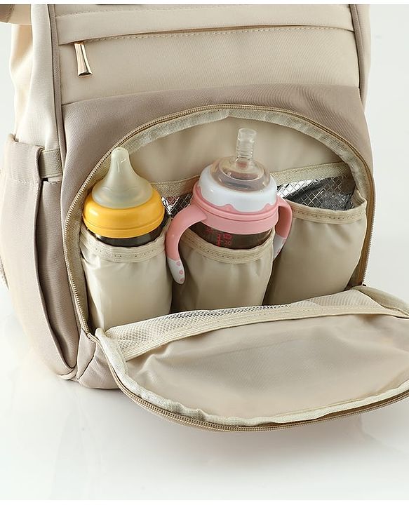 Babyhug Diaper Backpack | 3 Front Zipper Pockets| Spacious Main Compartment| Bottle Pocket| Wipes Dispenser| Stroller Hanging Straps| Back Zipper| Dual Top Handles| 26 x 18 x 39 cm| Unisex - Beige