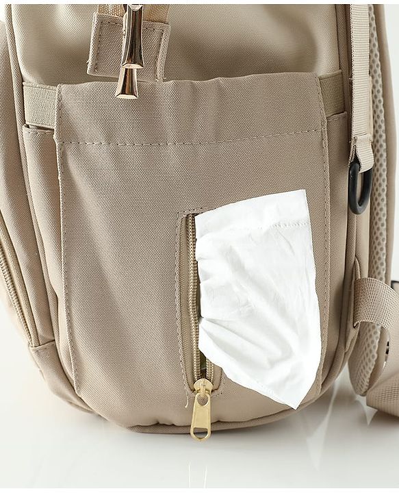 Babyhug Diaper Backpack | 3 Front Zipper Pockets| Spacious Main Compartment| Bottle Pocket| Wipes Dispenser| Stroller Hanging Straps| Back Zipper| Dual Top Handles| 26 x 18 x 39 cm| Unisex - Beige