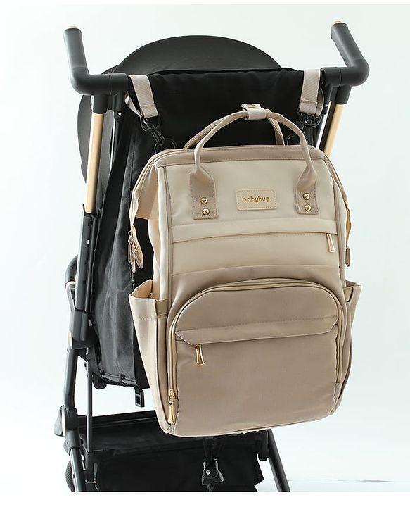 Babyhug Diaper Backpack | 3 Front Zipper Pockets| Spacious Main Compartment| Bottle Pocket| Wipes Dispenser| Stroller Hanging Straps| Back Zipper| Dual Top Handles| 26 x 18 x 39 cm| Unisex - Beige