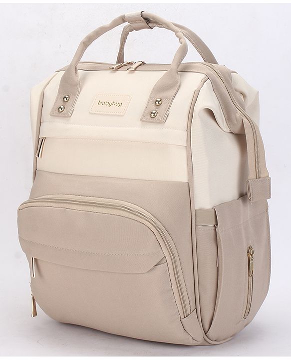 Babyhug Diaper Backpack | 3 Front Zipper Pockets| Spacious Main Compartment| Bottle Pocket| Wipes Dispenser| Stroller Hanging Straps| Back Zipper| Dual Top Handles| 26 x 18 x 39 cm| Unisex - Beige