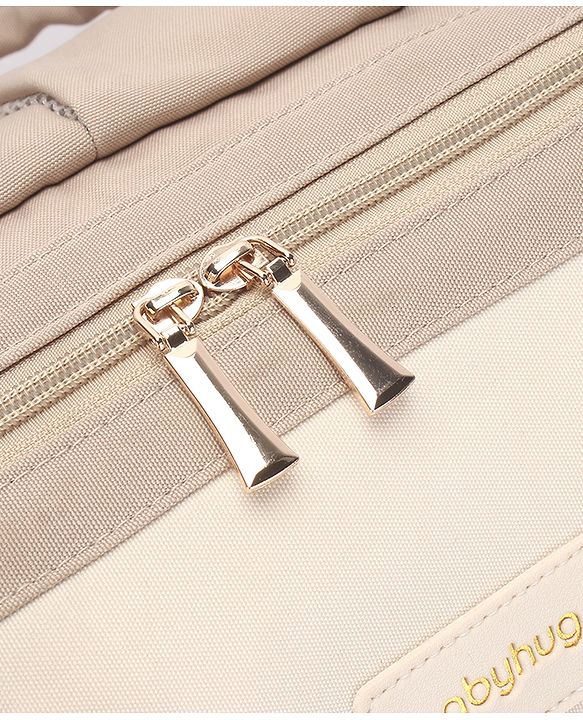 Babyhug Diaper Backpack | 3 Front Zipper Pockets| Spacious Main Compartment| Bottle Pocket| Wipes Dispenser| Stroller Hanging Straps| Back Zipper| Dual Top Handles| 26 x 18 x 39 cm| Unisex - Beige