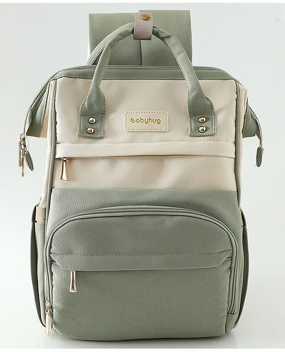 Babyhug Diaper Backpack | 3 Front Zipper Pockets| Spacious Main Compartment| Bottle Pocket| Wipes Dispenser| Stroller Hanging Straps| Back Zipper| Dual Top Handles| 26 x 18 x 39 cm| Unisex - Beige