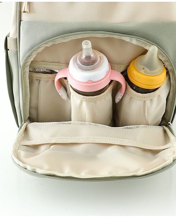 Babyhug Diaper Backpack | 3 Front Zipper Pockets| Spacious Main Compartment| Bottle Pocket| Wipes Dispenser| Stroller Hanging Straps| Back Zipper| Dual Top Handles| 26 x 18 x 39 cm| Unisex - Beige