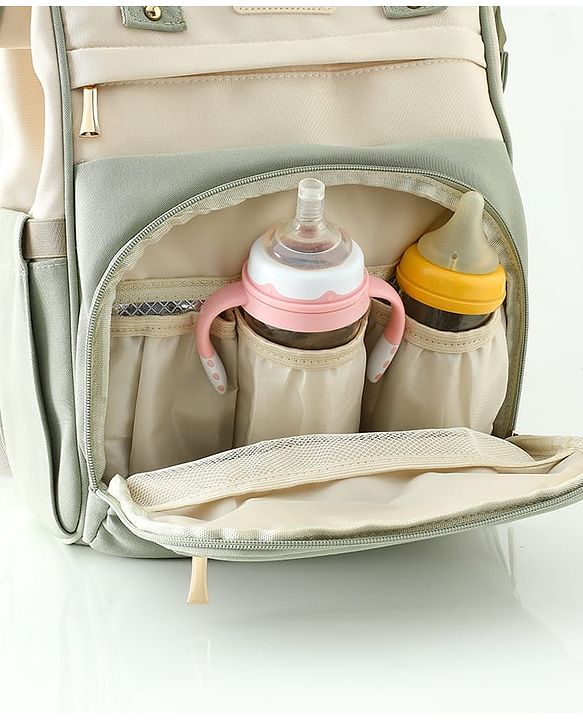 Babyhug Diaper Backpack | 3 Front Zipper Pockets| Spacious Main Compartment| Bottle Pocket| Wipes Dispenser| Stroller Hanging Straps| Back Zipper| Dual Top Handles| 26 x 18 x 39 cm| Unisex - Beige