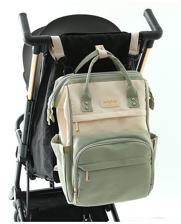 Babyhug Diaper Backpack | 3 Front Zipper Pockets| Spacious Main Compartment| Bottle Pocket| Wipes Dispenser| Stroller Hanging Straps| Back Zipper| Dual Top Handles| 26 x 18 x 39 cm| Unisex - Beige
